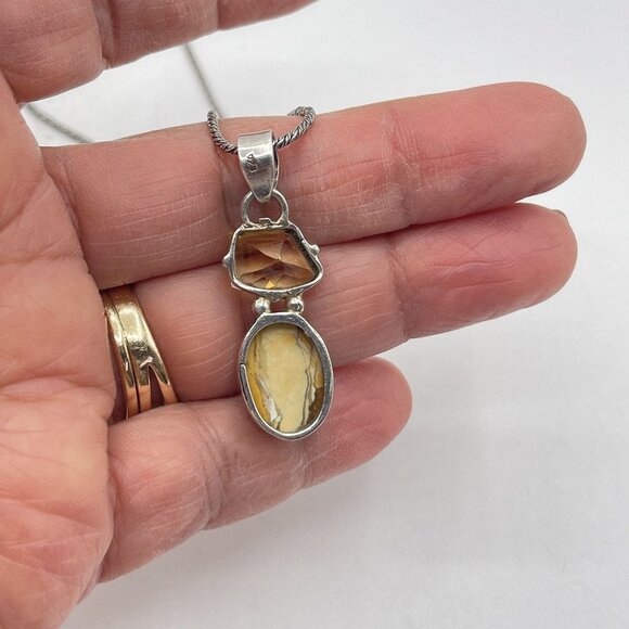Handcrafted 925 Sterling Silver Necklace With Citrine & Jasper Pendant - Picture 2 of 5
